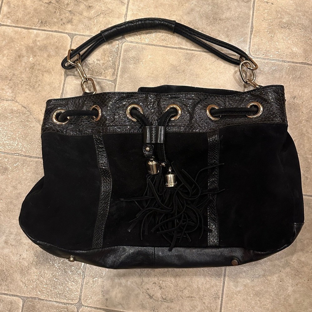 Charles David black suede and leather bucket bag